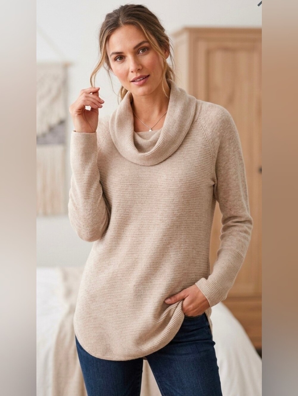 Calvin Klein Cozy Beige Ribbed Cowl Neck Tunic Sweater - Large
